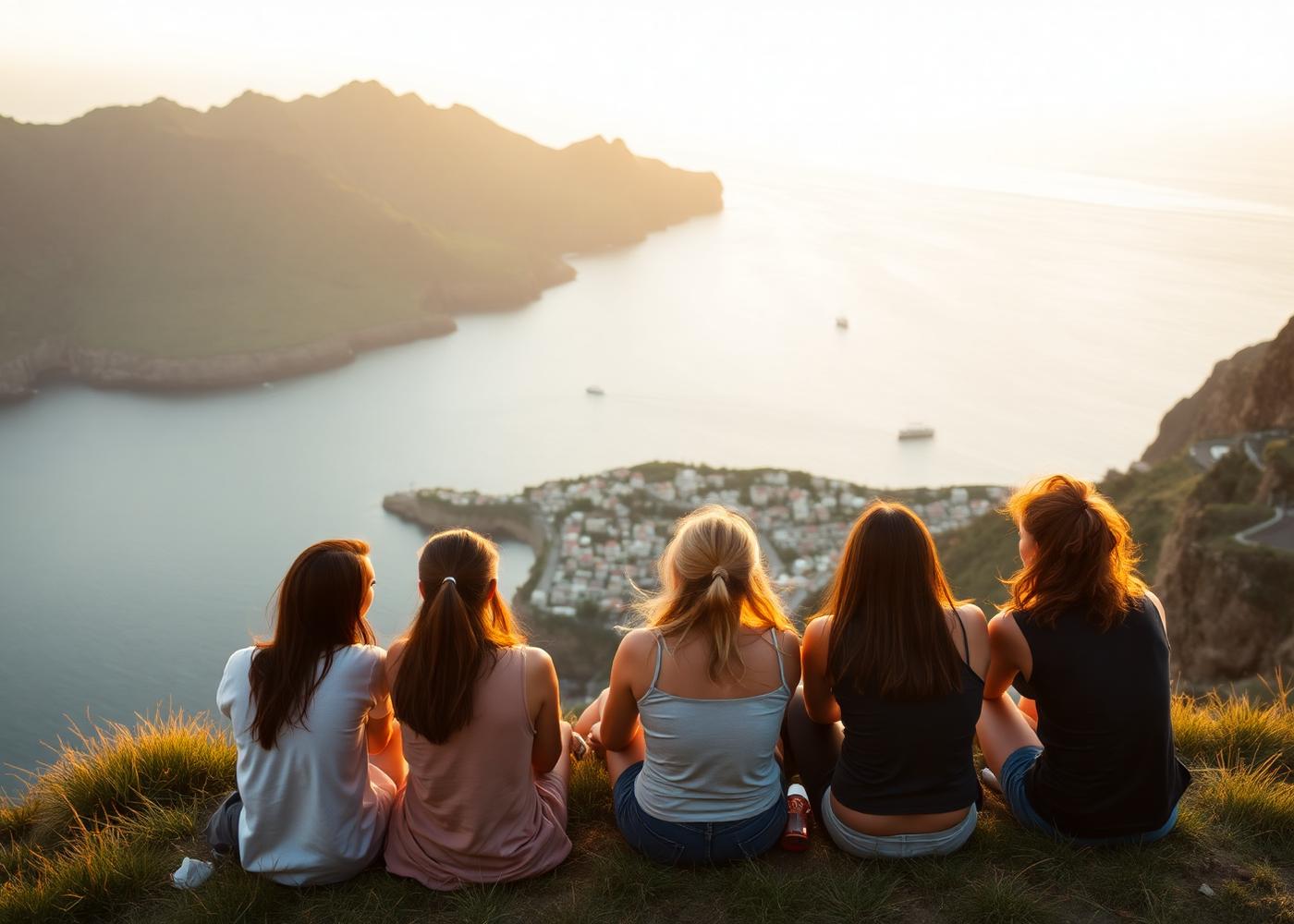 Members of the Amparo community sitting together on a clifftop above Machico at sunset